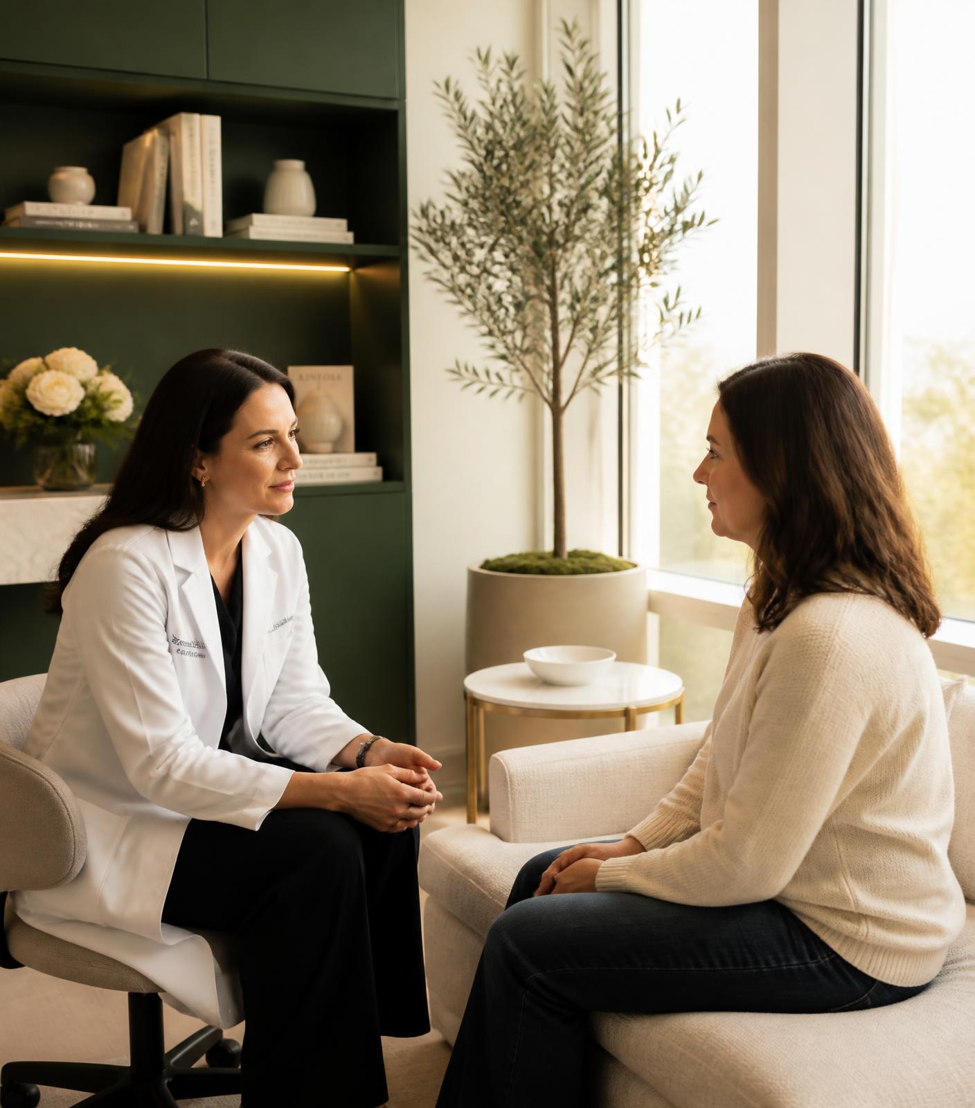 Médica em consulta com paciente em ambiente acolhedor